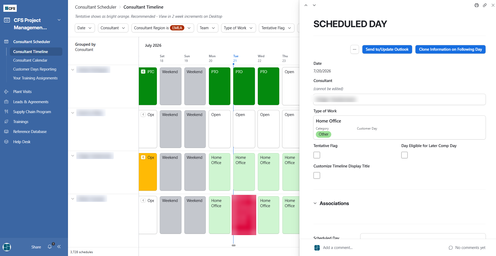 The CFS Scheduler timeline in Airtable, showing scheduled days by specialist across a global team. Customer detail blurred for confidentiality.